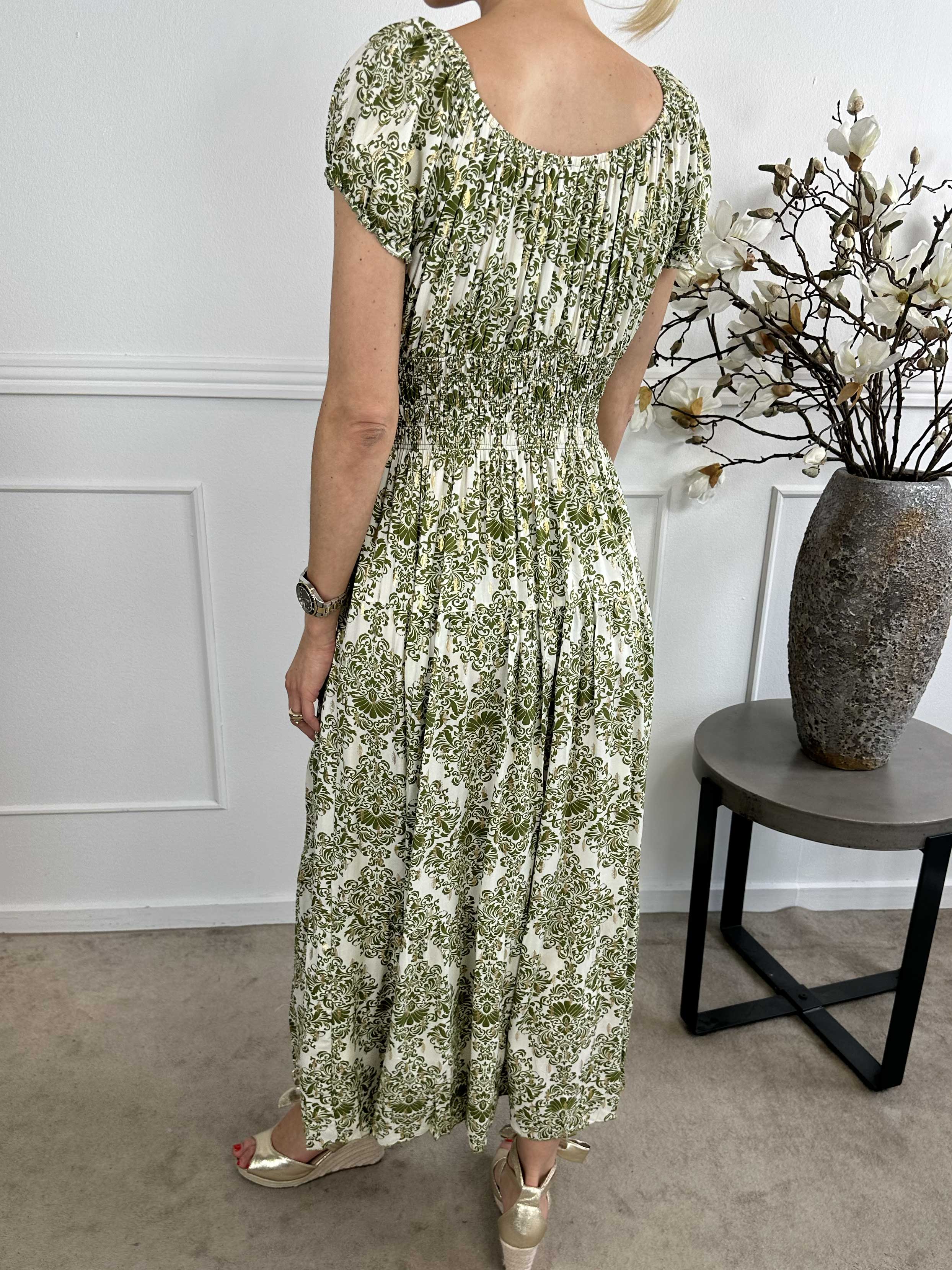 Elise - Lång mönstrad klänning med elastisk halsringning